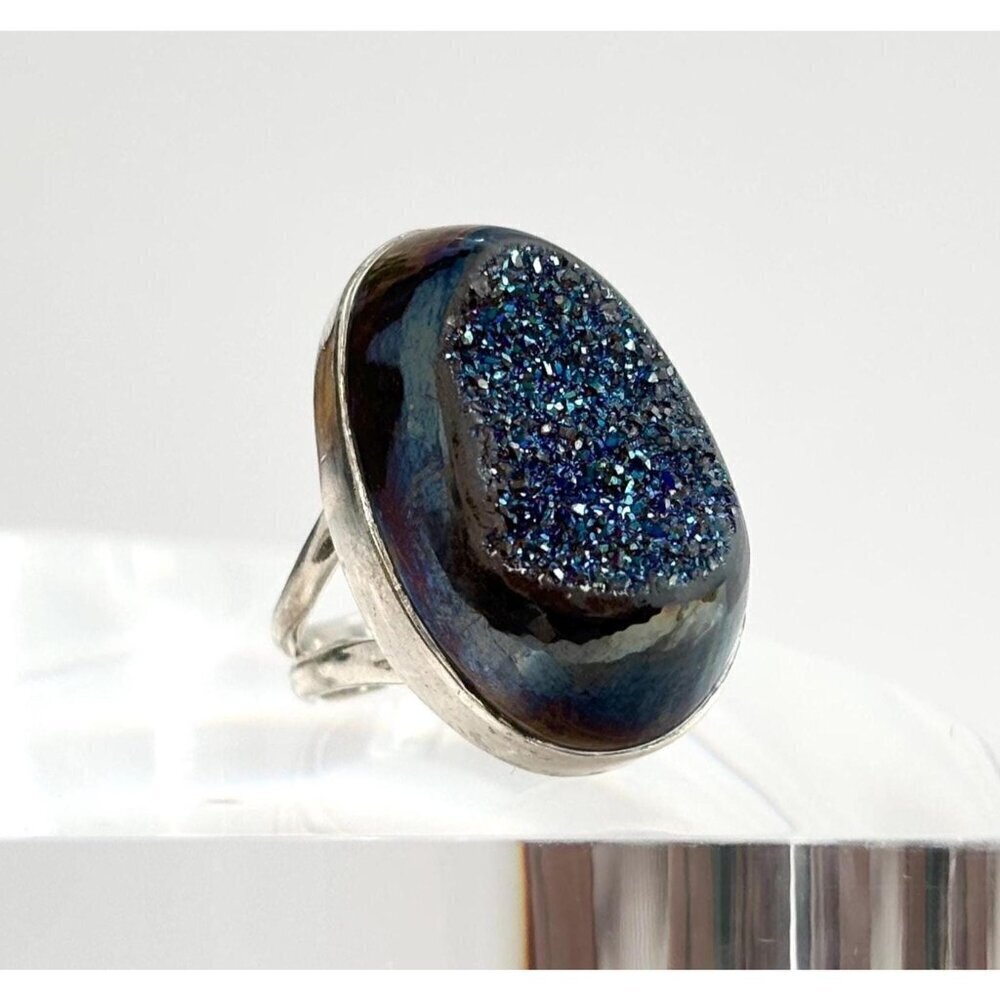 Blue Druzy Quartz Gemstone Oval Bezel Set Sterling Silver Vintage Ring - sz 5.25